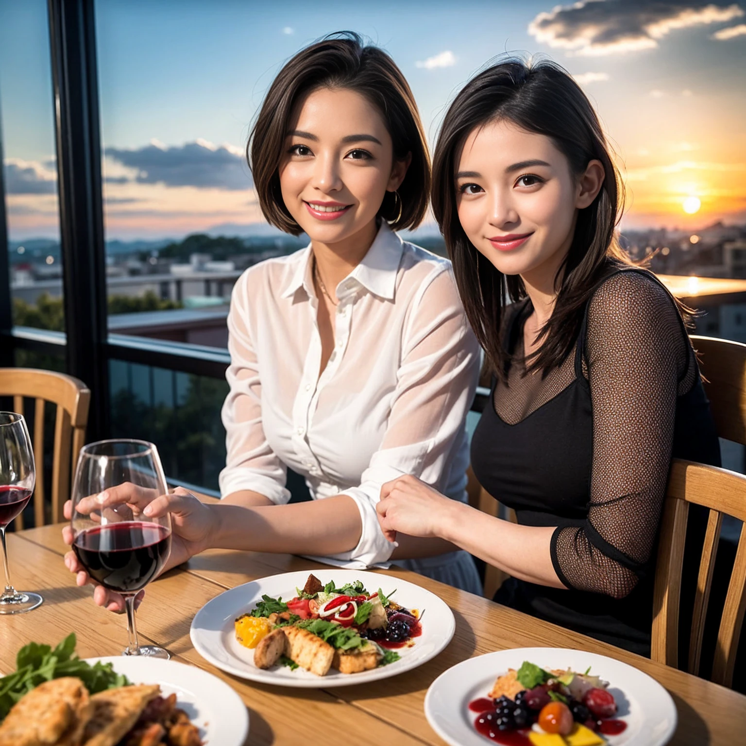 ((Highest quality、8K、masterpiece:1.3))、 (Ultra-realistic、 Genuine、Bright image、Intricate details:1.2), 最高のsmile、Wine Party、1 male、1 female、Beautiful couple、love love love、spouse、Female announcer、actress couple、smile、Full-course dinner at a packed table、 (Slim face), (the body is slim), (Brown Hair), (short hair), テーブルのwine glass、Please shine a light on my face、 Amazing view of the sunset sky and clouds、 39 years old, red wine 、Appetizers、Wine bottle、sparkling wine、Long sleeve shirt、dress、White wine, red wine, wine glass,