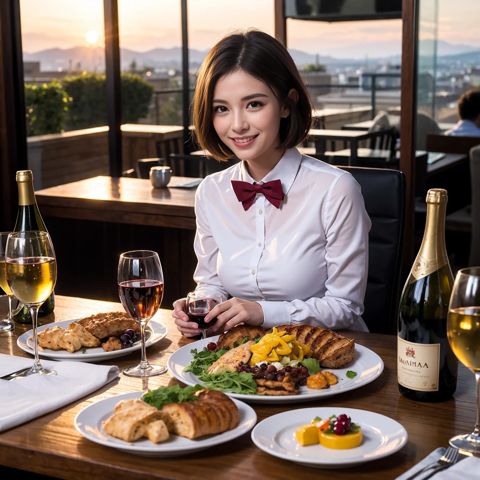 ((Highest quality、8K、masterpiece:1.3))、 (Ultra-realistic、 Genuine、Bright image、Intricate details:1.2), 最高のsmile、Wine Party、1 male、1 female、Beautiful couple、love love love、spouse、Female announcer、actress couple、smile、Full-course dinner at a packed table、 (Slim face), (the body is slim), (Brown Hair), (short hair), テーブルのwine glass、Please shine a light on my face、 Amazing view of the sunset sky and clouds、 39 years old, red wine 、Appetizers、Wine bottle、sparkling wine、Long sleeve shirt、dress、White wine, red wine, wine glass, 