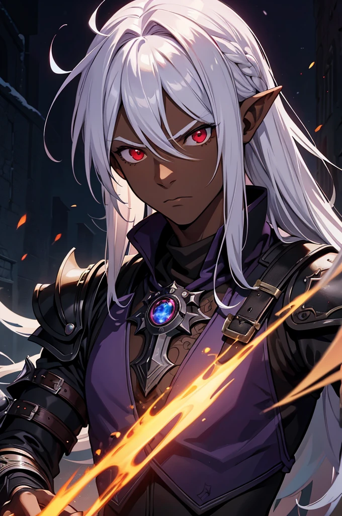 masterpiece, best quality, ultra high res, dark theme, 1boy, (mix between dungeonpunk and steampunk armor), (wearing armor)fantasy illustration, dark skinned, human, upper body, portrait, red eyes, long white hair, Xemnas from Kingdom Hearts, half-drow, pointy ears, serious face, young man, dramatic lighting, purple hue, art by Kinema Citrus