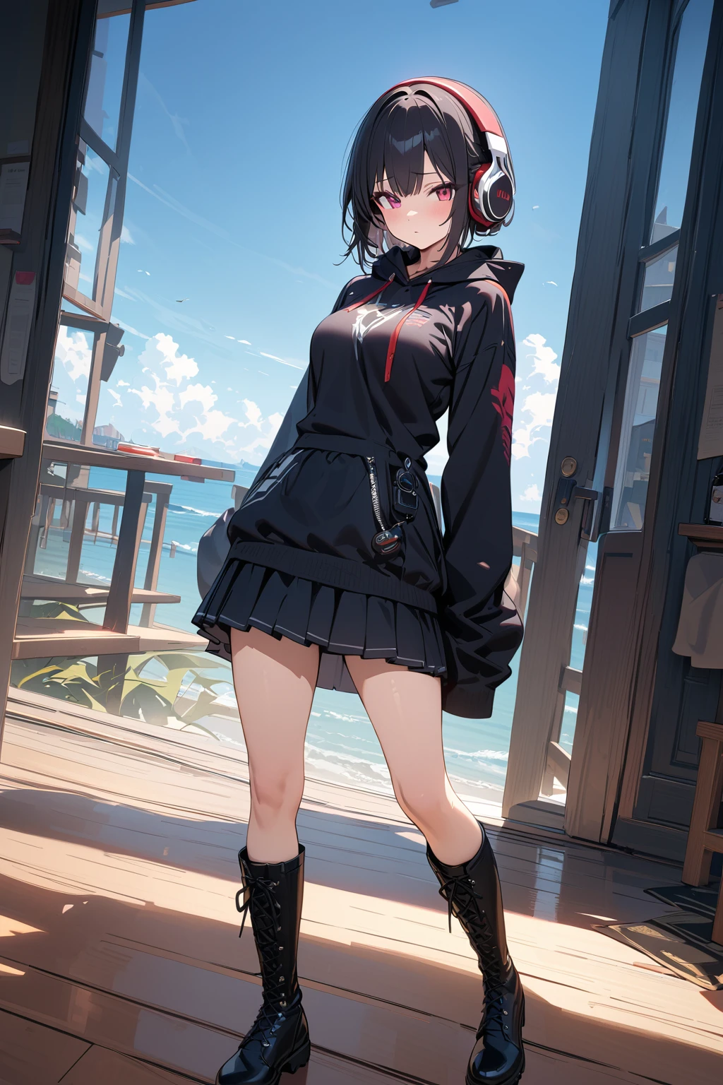 (masterpiece, best quality:1.5), (ultra detailed, high resolution, 8k, beautiful detailed, UHD, best anatomy), 1 cute girl, black hair, medium breasts, sleeves past fingers, Flared skirt, boots, blank expression, headphone, Hoodie