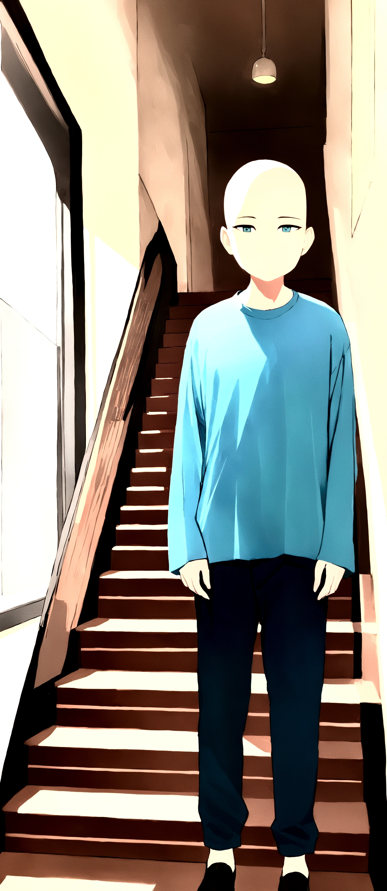 arafed man standing on a set of stairs in a room, wearing in shirt, full body photogenic shot, blue colored traditional wear, very very low quality picture, edited in photoshop, taken with the best dlsr camera, full body picture, blue shirt, profile pic, made with photoshop, wearing a flannel shirt, candid picture, wearing a light blue shirt