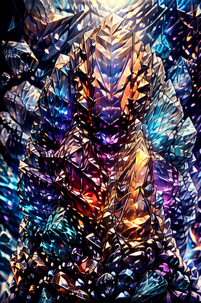 A giant golem made of transparent glass, with veins of luminous energy running through his body. He is standing in an underground cave filled with crystal stalactites and stalagmites.. Your heart, a giant gem, pulses with white light, lighting the cave. The ground is covered in glass shards and shiny minerals.. The atmosphere is magical and silent. nft image nft image