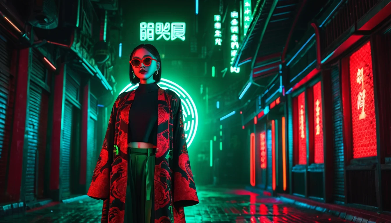 Dark night cyberpunk background,Neon,Full body shot,Red and dark green national trend style,woman,Chinese clothing,手持Neon,With round black glasses,Facial perfection,Detailed wide-angle shot,High Definition Rendering