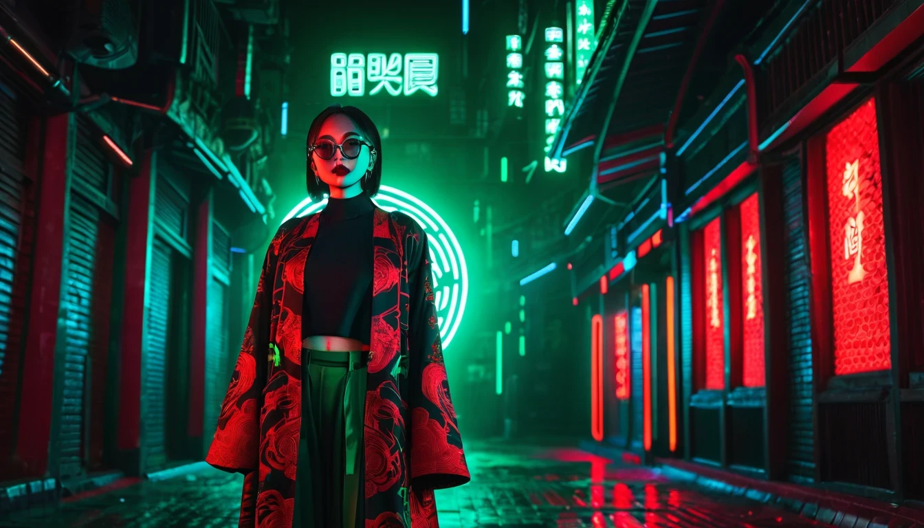 Dark night cyberpunk background,Neon,Full body shot,Red and dark green national trend style,woman,Chinese clothing,手持Neon,With round black glasses,Facial perfection,Detailed wide-angle shot,High Definition Rendering