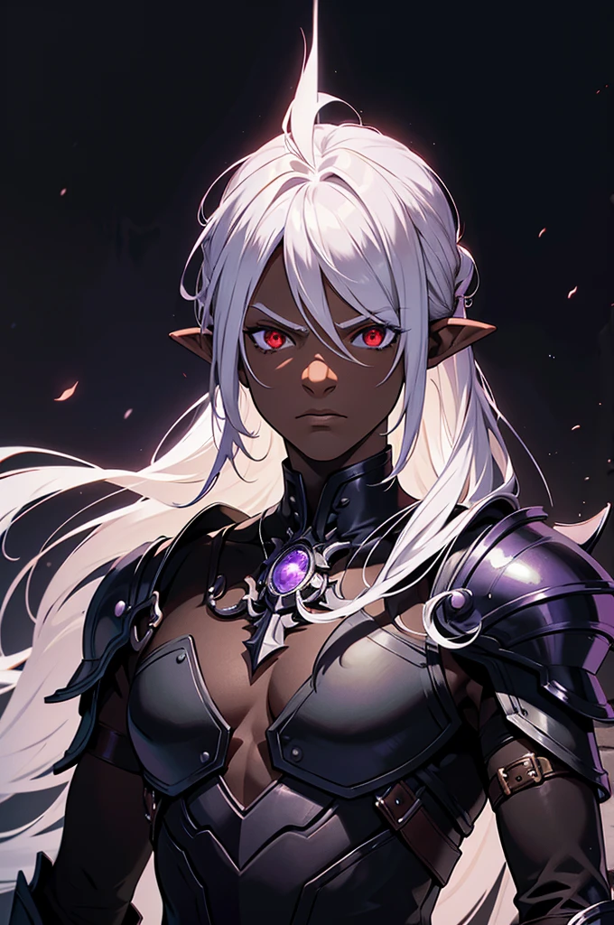 masterpiece, best quality, ultra high res, dark theme, 1boy, (mix between dungeonpunk and steampunk armor), (wearing armor)fantasy illustration, dark skinned, human, upper body, portrait, red eyes, long white hair, Xemnas from Kingdom Hearts, half-drow, pointy ears, serious face, young man, dramatic lighting, purple hue, art by Kinema Citrus