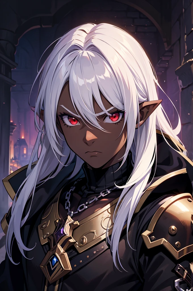 masterpiece, best quality, ultra high res, dark theme, 1boy, (mix between dungeonpunk and steampunk armor), (wearing armor)fantasy illustration, dark skinned, human, upper body, portrait, red eyes, long white hair, Xemnas from Kingdom Hearts, half-drow, pointy ears, serious face, young man, dramatic lighting, purple hue, art by Kinema Citrus
