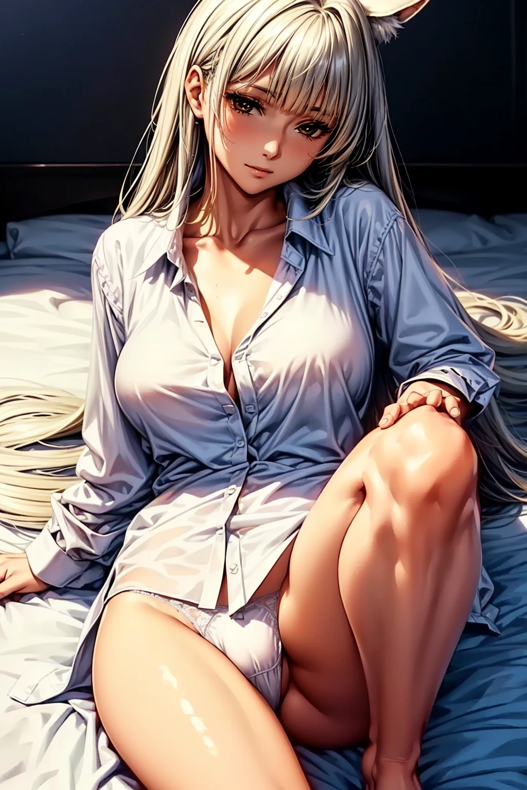 (top quality、masterpiece、very high resolution、Ultra high quality、High quality pixels)、perfect eyes, perfect face, alone，8k, large breasts，(Detailed description of hair), (Detailed description of face),(detailed description of body), Fair and translucent skin, gorgeous, long legs, facing the audience, Professional photography lighting，(Detailed yellow eyeball: 1.2), white hair, Girlfriend style, gentle expression, cowboy shot, (white oversized formal shirt: 1.2), model posture, , (long shirt covering :1.3), girlfriend ssmile, bed, horse ear, long straight bangs, long straight hair, lying down on the bed