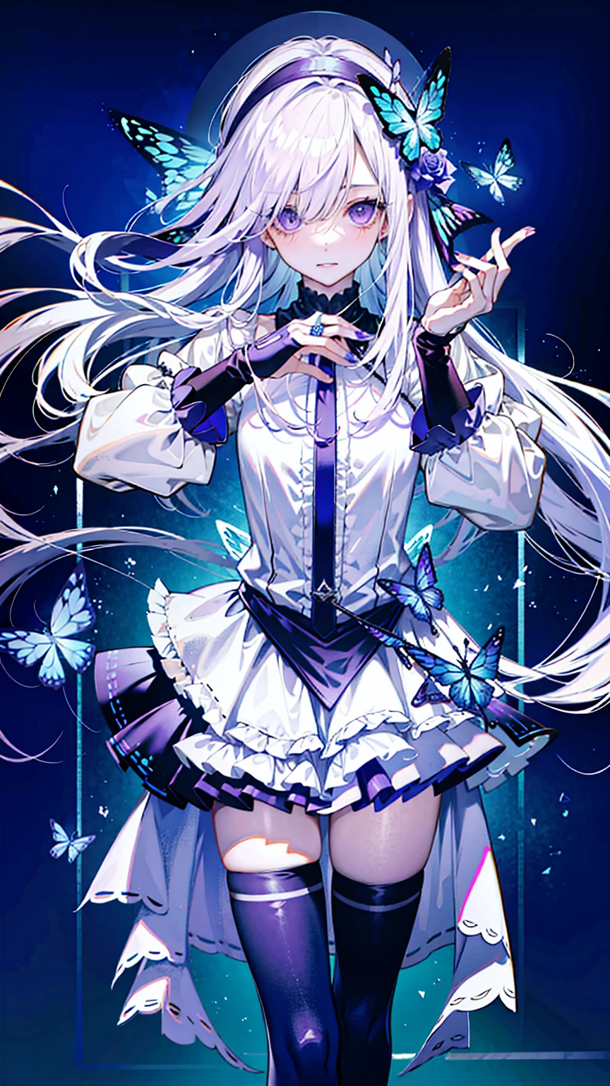 Silver Hair,Butterfly,Long white hair,8k wallpaper,Detailed background,Maximum resolution,Deep V,Hair covers one eye,Headband Style,Chis,purple Rose,Tight,High socks,livestock