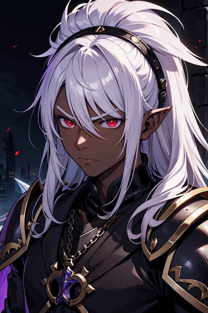 masterpiece, best quality, ultra high res, dark theme, 1boy, (mix between dungeonpunk and steampunk armor), (wearing armor)fantasy illustration, dark skinned, human, upper body, portrait, red eyes, long white hair, Xemnas from Kingdom Hearts, half-drow, pointy ears, serious face, young man, dramatic lighting, purple hue, art by Kinema Citrus