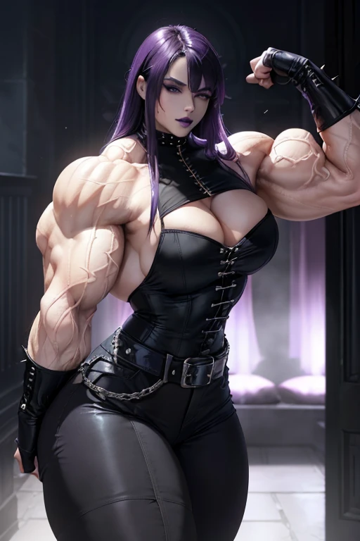 (((Massive tall, beautiful, buff, pale white skinned muscular woman with violet purple hair, black lipstick, ginormous bulky muscles and wearing a beautiful black unbuttoned blouse with a beautiful black tight pants))), (close view), massive muscles, massive biceps, hyper muscle shoulders, massive muscle arms, vascular shoulders, hyper muscle triceps, (long hair with long bangs), (beautiful unbuttoned black blouse), black eyes, spiky gauntlets, gloves, choker, (beautiful black tight pants with a belt), boots, (in a ghost haunted house), confidant smile, night, hyper vascular arm, hyper muscles arms, hyper muscle legs, massive arms