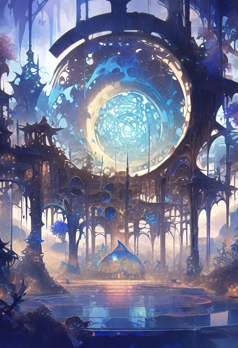 ((masterpiece)), (anime:1.3), ((Highest quality)), (Abstract art:1.5), (High resolution), (pale colour), Wide Shot, (Fractal structure:1.5), , landscape, (beautiful), (Biological atmosphere), deep sea, (pretty girl),  beautiful白い髪,  transparent　Glass　ice　mirror　Blue rose　water晶 透き通っている　water　prism