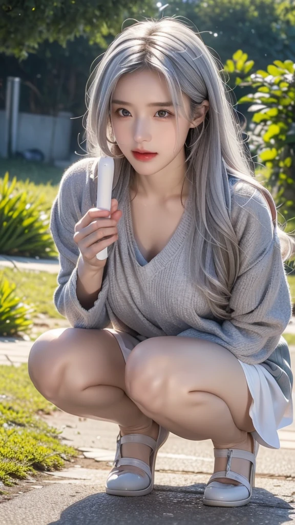 masterpiece, best quality, extremely detailed, (illustration:1.2), high-resolution, 8k cg wallpaper, stunning art, nsfw, 1girl, (silverhair), very cute face, young teens, complete nude, sitting on the long bench, feet perfect on the bench, perfect m legs, (spread pussy by herself with both hands completely:1.3), open legs, (pussy juice:1.1), very lovingly gaze, (blush:1.1), wistful, public indecency in the park, cherry trees, perfect front view, straight view,Big Breasts、Super huge breasts
