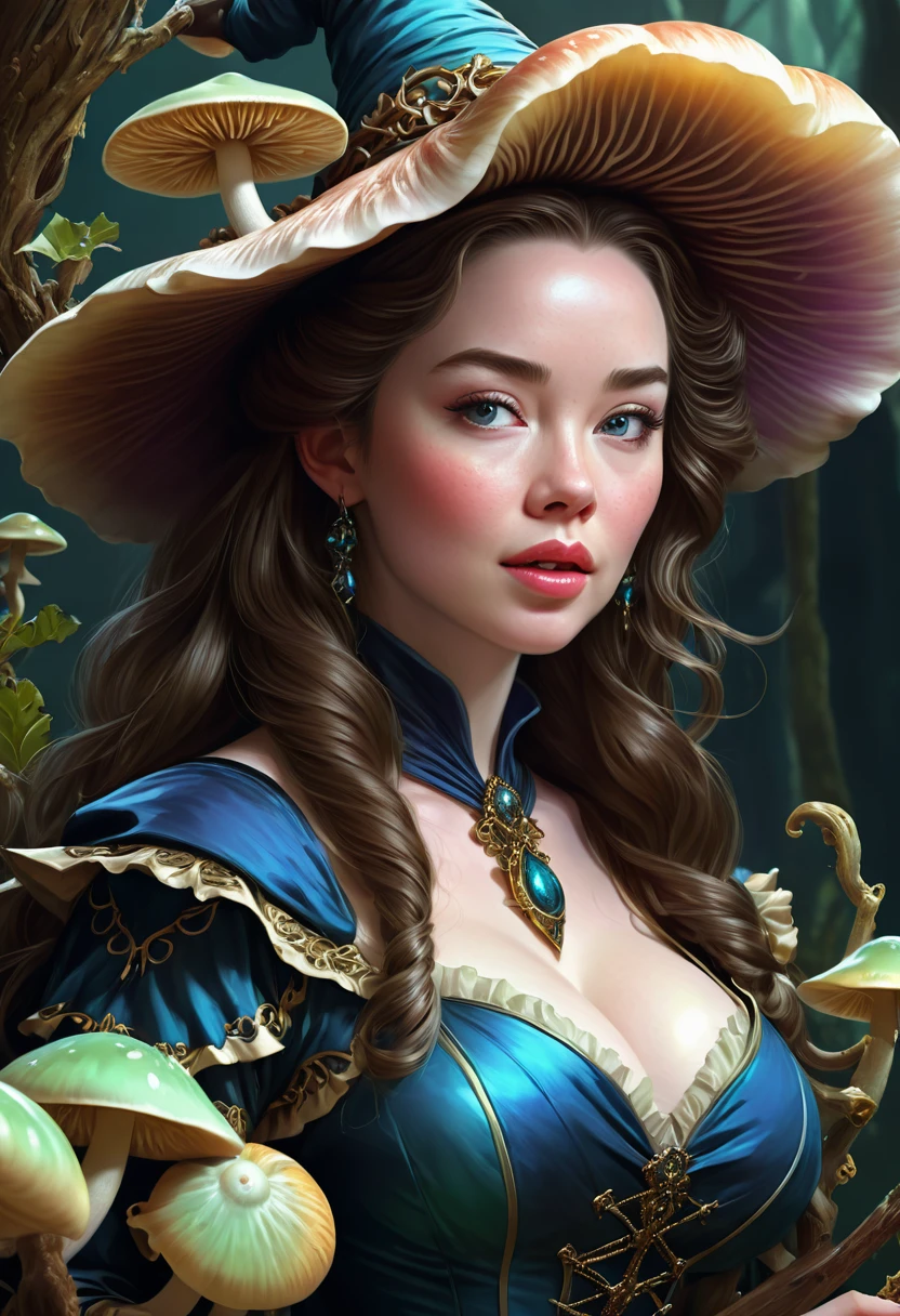 A fungus Witch. Anna Popplewell. Official Art, Award Winning Digital Painting, Digital Illustration, Extreme Detail, 4k, Ultra Hd, Rococo, Polished, Intricate, Realistic Fantasy Art, Sharp Focus, Concept Art, Art By Wlop, Artgerm, (2d Vector Illustration)
