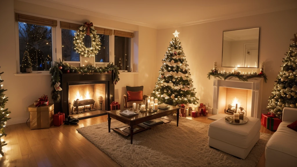 Arav room with Christmas tree, fireplace, Stockings and candles, Digital rendering inspired by Ernest William Christmas, shutter, The art of math, Warm home background, Comfortable wallpaper, Christmas Eve, cozy living room background, comfortable environment, The window is lit, Comfortable and peaceful atmosphere, Comfortable and charming scene, Comfortable place, snowy winter Christmas Eve, comfortable environment 火爐的火苗會動