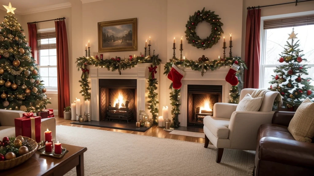 Arav room with Christmas tree, fireplace, Stockings and candles, Digital rendering inspired by Ernest William Christmas, shutter, The art of math, Warm home background, Comfortable wallpaper, Christmas Eve, cozy living room background, comfortable environment, The window is lit, Comfortable and peaceful atmosphere, Comfortable and charming scene, Comfortable place, snowy winter Christmas Eve, comfortable environment 火爐的火苗會動