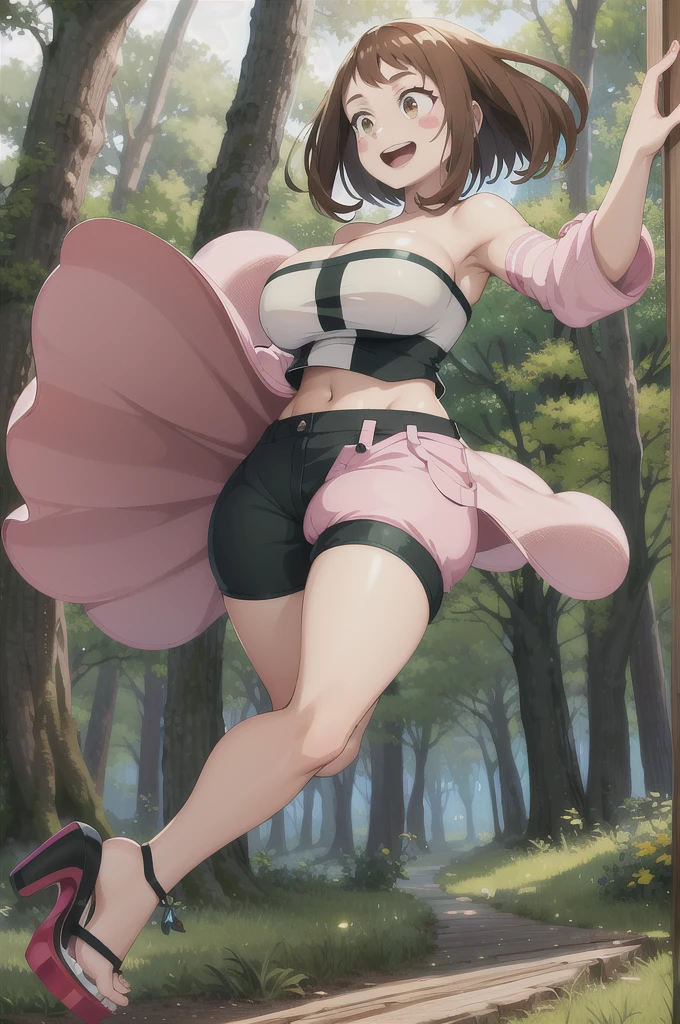 masterpiece, best quality, highres, hmochako, blush stickers, short hair, large breasts, pink lingerie bikini, open-toe high heels, fishnet stockings, smile, open mouth, hot sunny sky, posing, legs spread apart, sweating, chubby