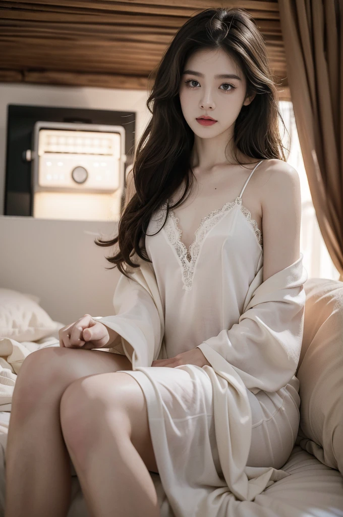 (((best quality))), (((ultra detailed))), (((masterpiece))), illustration,a beautiful girl,solo,slim,thin,messy hair,medium straight bob hair,sitting on the bed,in a bedroom,halter lace nightgown, deep in thought, dimly lit room, soft glow of a digital clock, dark curtains, seclusion and introspection, disheveled hair, shadowed eyes, sleeplessness, delicate features, fragile beauty, pale skin, rouge on cheeks, heavy atmosphere, silence, soft hum of a refrigerator, woman's expression of deep contemplation, searching eyes, capturing the essence of struggle, vulnerability,beauty in the night,