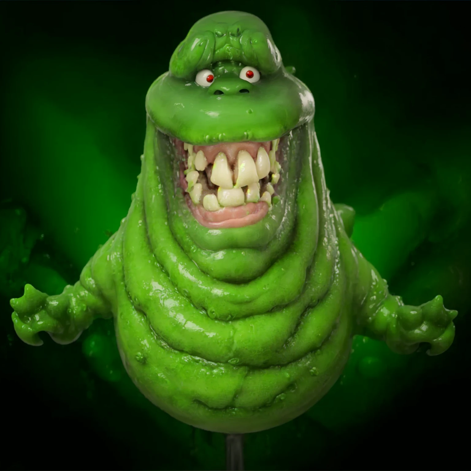 a close up, photograph, masterpiece of a green creature face perfectly defined, with a toothy smile, slimmer, ghostbusters character, 90s CGI, slimy and gelatinous slimy, gelatinous with a smile, grimace, fat and ripped creature, slime monster