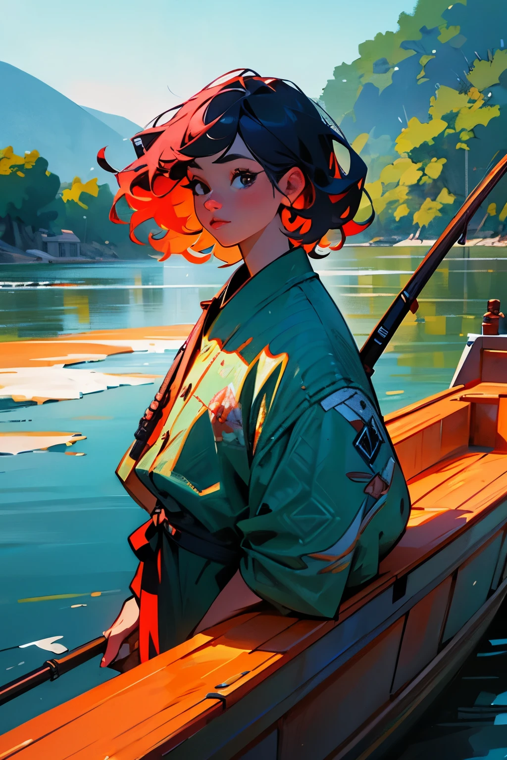 a fisherman with colorful hair, beautiful detailed eyes, beautiful detailed lips, extremely detailed eyes and face, long eyelashes, fisherman outfit, holding fishing rod, standing on a boat, river or ocean background, (best quality,4k,8k,highres,masterpiece:1.2),ultra-detailed,(realistic,photorealistic,photo-realistic:1.37),vibrant colors,warm lighting,detailed landscape,dramatic lighting,cinematic composition