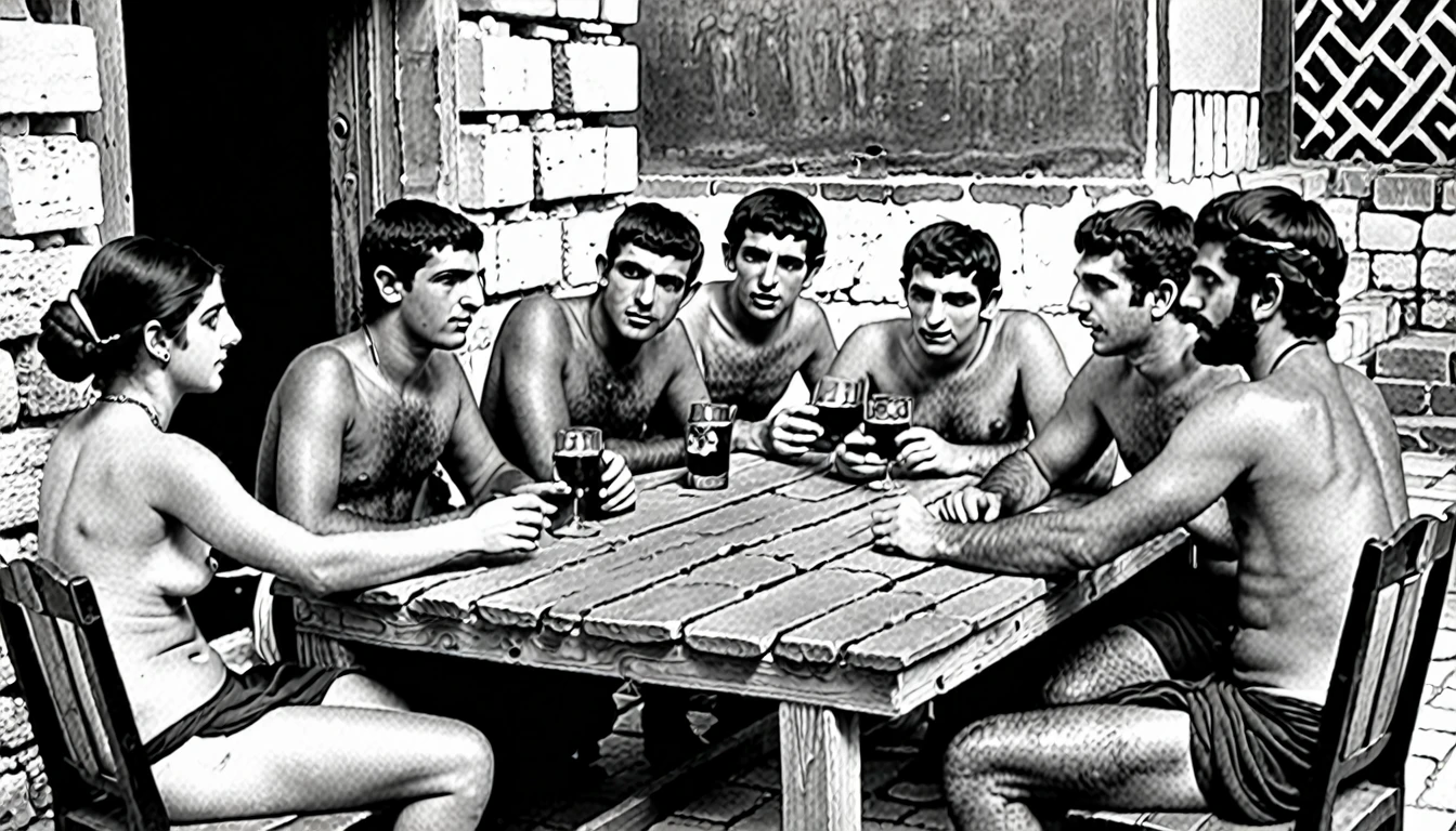a black and white drawing, A group of people drinking alcohol around a table at a inn, The youthful muscles have turned to fat, the bronzed flesh to paunches. The men are balding or greying, and the women's dimples have turned to wrinkles. From what they say, you learn that the city has ignored them. None of them received a hero's welcome and One of the youths has been stoned. Now they have sunk into sullen reminiscences about glorious days long ago; seven and a half years after coming home, the six surviving youths and five maidens of Athens are still fighting the darkness of Knossos.{{{{{monochrome}}}}}