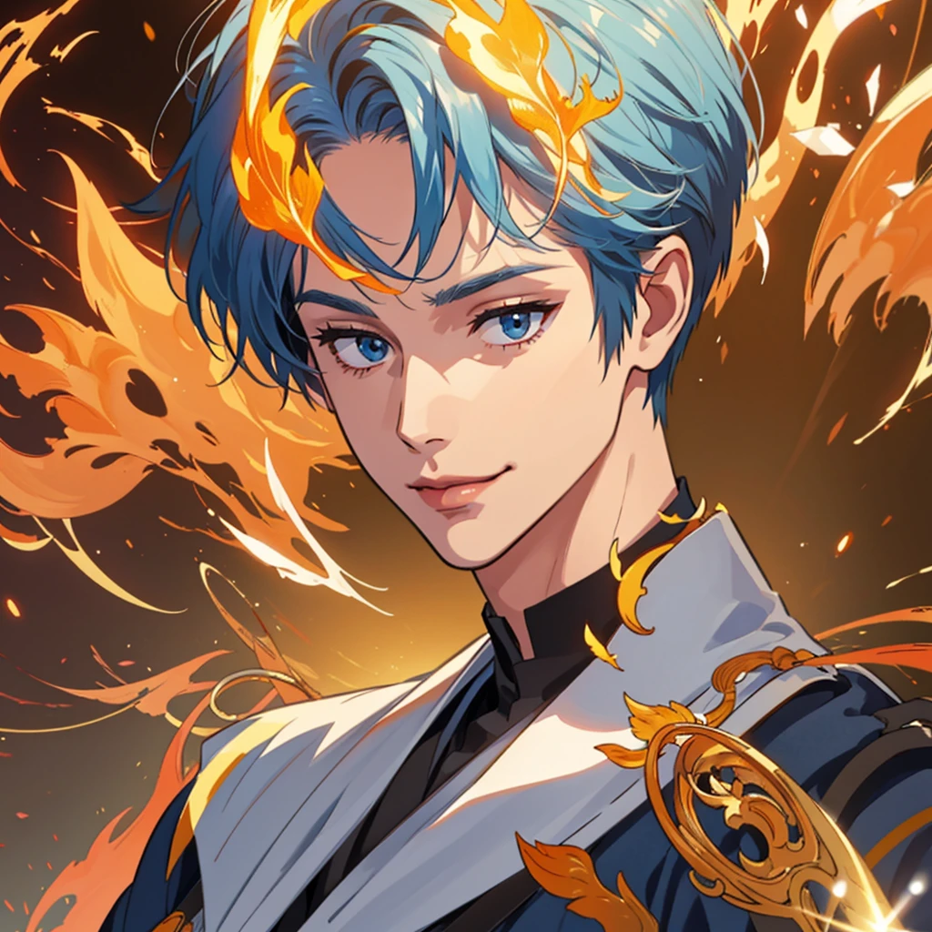 a young man staring Intsensily with lively eyes, smirking, Messey Hair, Blue Jacket and Black shirt underneath, Light Blue Eyes, Blue Hair, Dynamic lighting, Manhwa art style, HD, 4K, Detailed Character face, Detailed Background, character's face facing the front, Manhwa Panel
