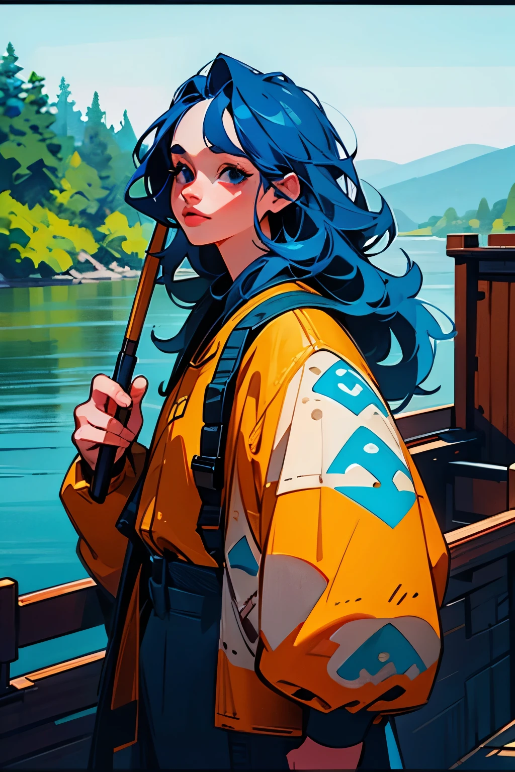 a fisherman with colorful hair, beautiful detailed eyes, beautiful detailed lips, extremely detailed eyes and face, long eyelashes, fisherman outfit, holding fishing rod, standing on a boat, river or ocean background, (best quality,4k,8k,highres,masterpiece:1.2),ultra-detailed,(realistic,photorealistic,photo-realistic:1.37),vibrant colors,warm lighting,detailed landscape,dramatic lighting,cinematic composition