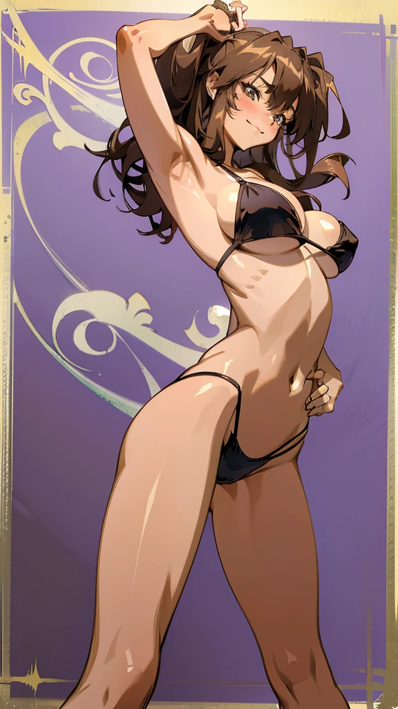 Masterpiece, best quality, Masterpiece, best quality, 1 woman , long brown hair , sunglasses , sly face , smile , purple bikini , bare arms , abdomen, big breasts , Barefoot , bent , Put your hands on your hips. , blank background
