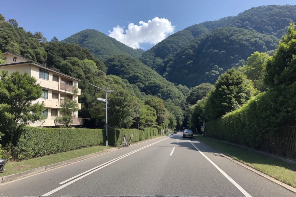 A high-rise apartment can be seen in the distance, and a car can be seen in front of the apartment. Next to the apartment, I can see a forested mountain. Next to the car, a man is seen running away. A man in his 30s can be seen running away, but he is so far away that he cannot recognize his face. The side where the man runs away is a low hill with a forest next to the apartment.