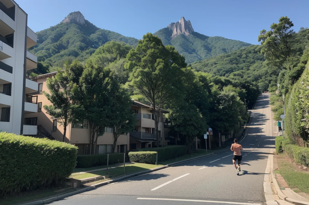 A high-rise apartment can be seen in the distance, and a car can be seen in front of the apartment. Next to the apartment, I can see a forested mountain. Next to the car, a man is seen running away. A man in his 30s can be seen running away, but he is so far away that he cannot recognize his face. The side where the man runs away is a low hill with a forest next to the apartment.