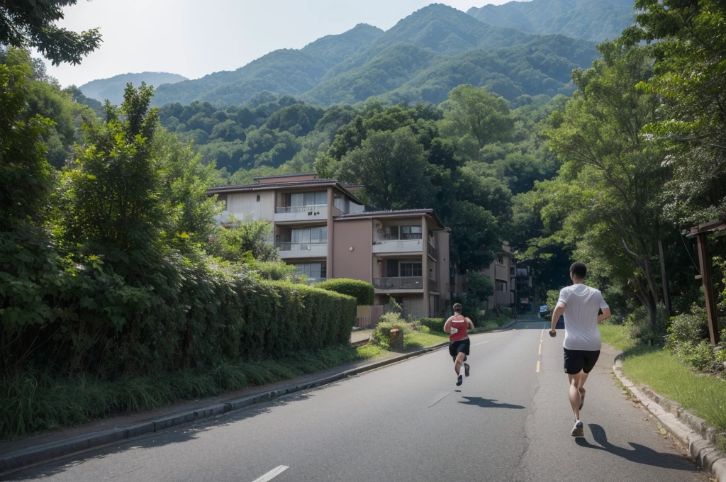 A high-rise apartment can be seen in the distance, and a car can be seen in front of the apartment. Next to the apartment, I can see a forested mountain. Next to the car, a man is seen running away. A man in his 30s can be seen running away, but he is so far away that he cannot recognize his face. The side where the man runs away is a low hill with a forest next to the apartment.