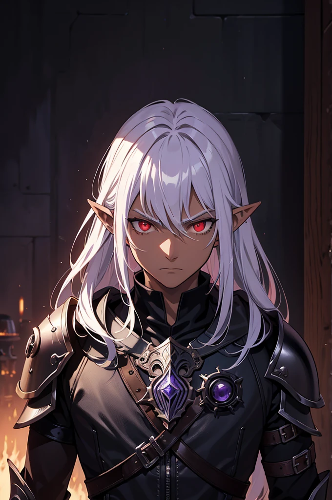 masterpiece, best quality, ultra high res, dark theme, 1boy, (mix between dungeonpunk and steampunk armor), (wearing armor)fantasy illustration, dark skinned, human, upper body, portrait, red eyes, long white hair, Xemnas from Kingdom Hearts, half-drow, pointy ears, serious face, young man, dramatic lighting, purple hue, art by Kinema Citrus