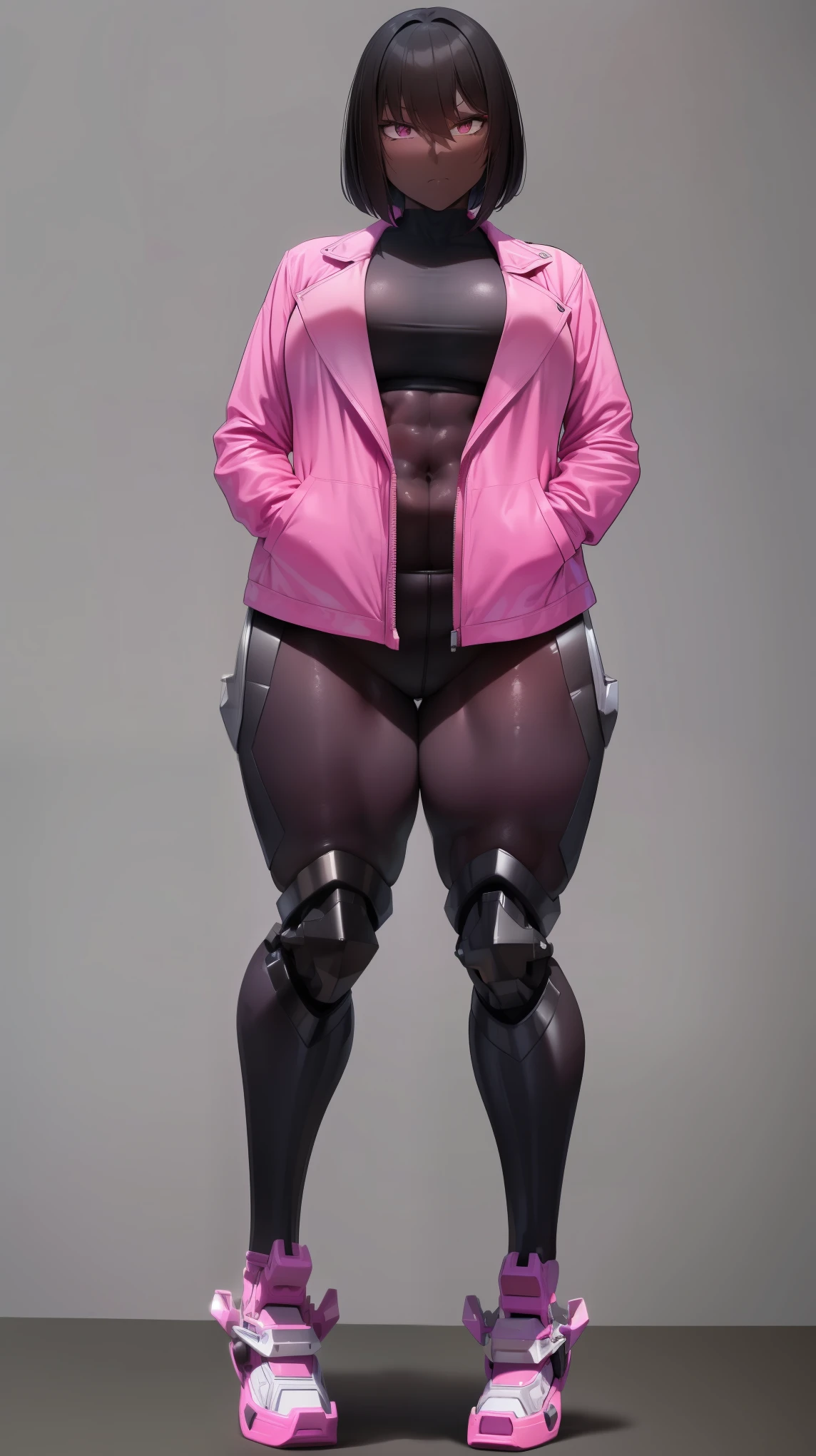E girl cut hair Bob color pink jacket open mini skirt (((mecha legs Master piece Ultra Quality))), stand pose head on full body , (tall, muscular:1.3), (dark skin, perfect skin:1.8), (medium breasts:1.3),Grt2c
