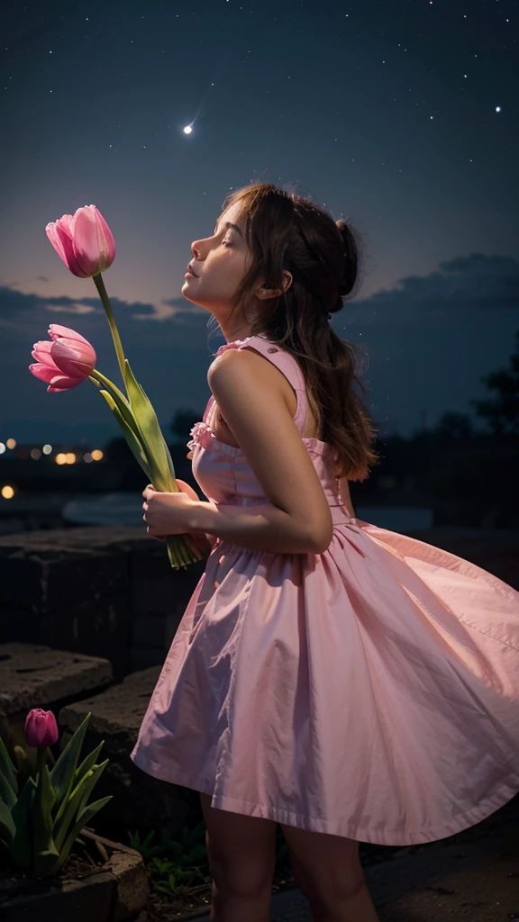 A girl in a dress is holding a pink tulip and looking away.night view.cartoon Illustration