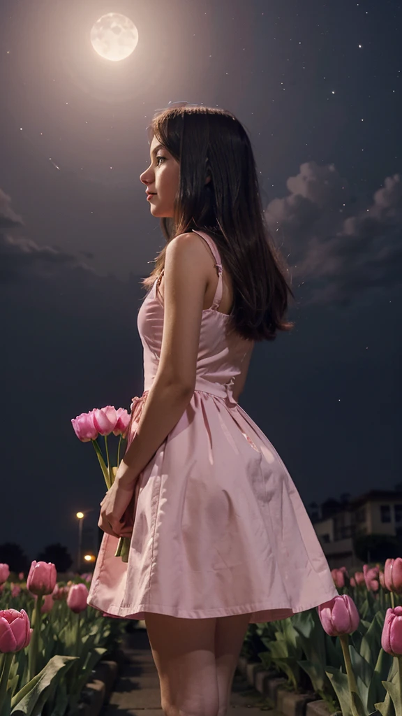 A girl in a dress is holding a pink tulip and looking away.night view.cartoon Illustration
