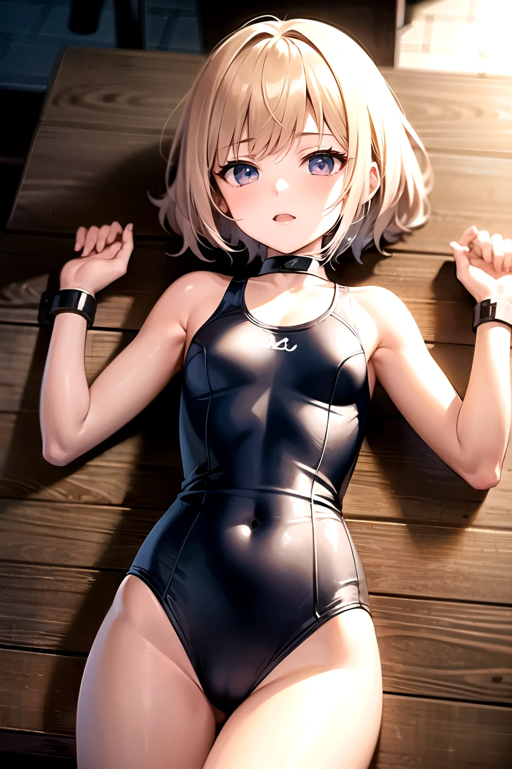 cgi anime, 1girl, swimsuit, girl, flat on back, limbs secured to bondage table