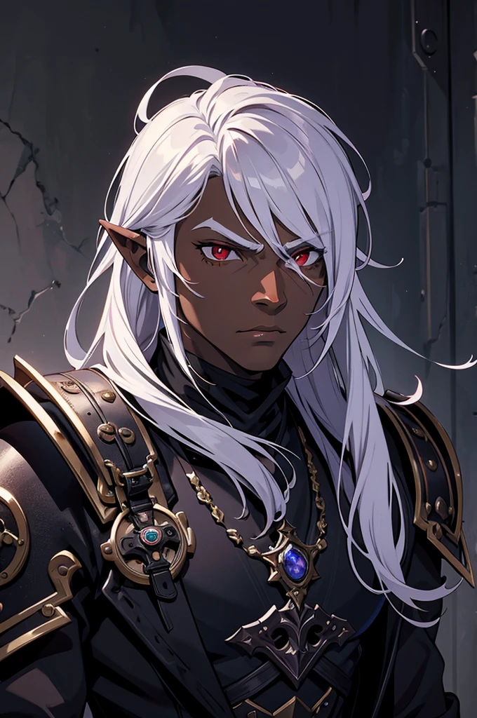 masterpiece, best quality, ultra high res, dark theme, 1boy, (mix between dungeonpunk and steampunk armor), (wearing armor)fantasy illustration, dark skinned, human, upper body, portrait, red eyes, long white hair, Xemnas from Kingdom Hearts, half-drow, pointy ears, serious face, young man, dramatic lighting, purple hue, art by Kinema Citrus