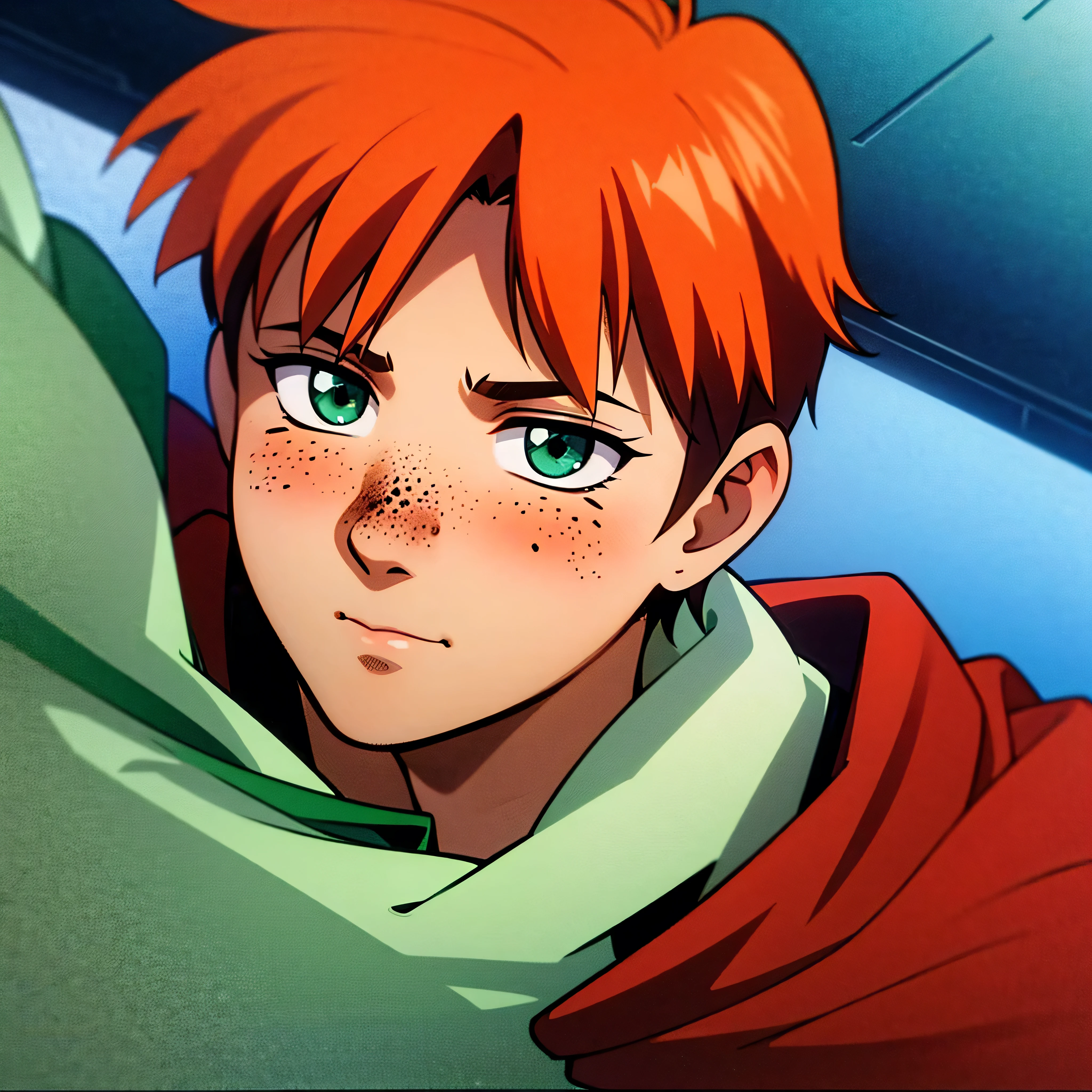 a  boy with white skin, shaved orange hair and freckles on his face and green eyes