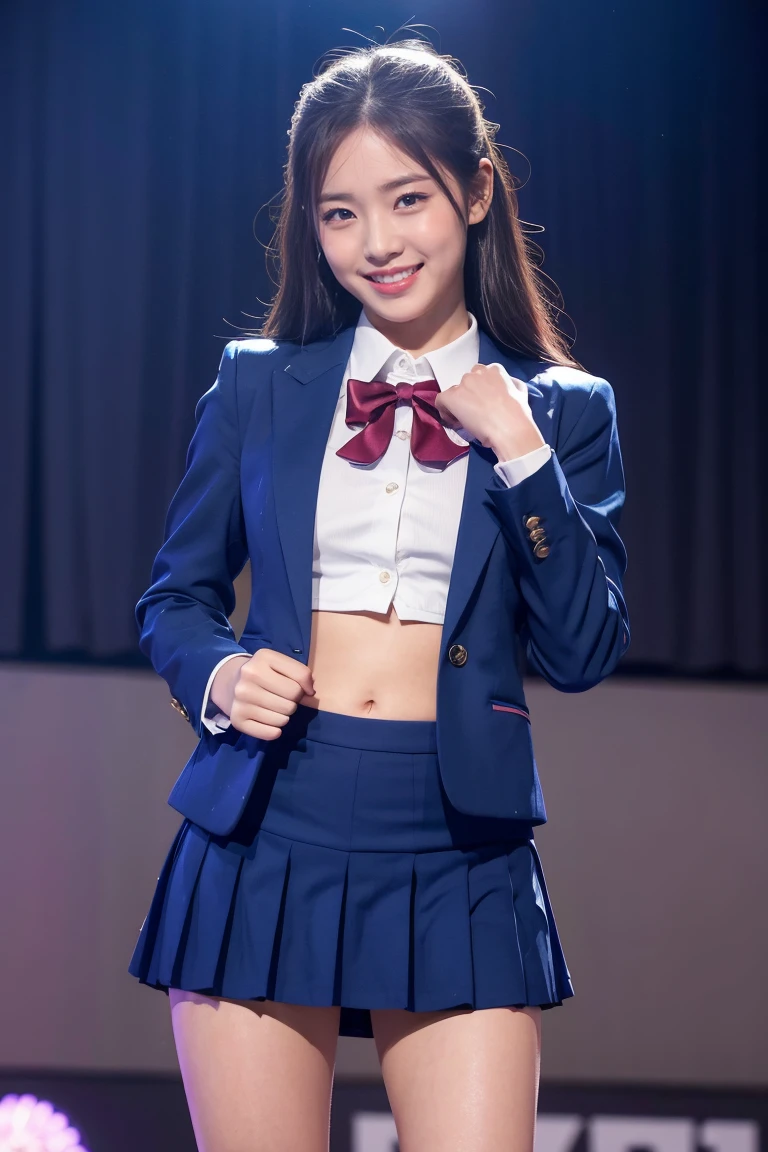(8K), (highest quality: 1.2), (Realistic), (Realistic: 1.37), Ultra-high resolution, 1 girl, cute, (Embarrassed smile:1.2), (Blushing:1.4)Mouth closed, Beautiful details, Beautiful Nose, Wet Hair, カチューシャ,giant dulcefo, pork, Thighs,Navel exposed,University Student Uniform,A simple blazer,Pleated check skirt,Platform boots,Dancing on the school stage,(Shiny Thighs:1.2),Medium Shot