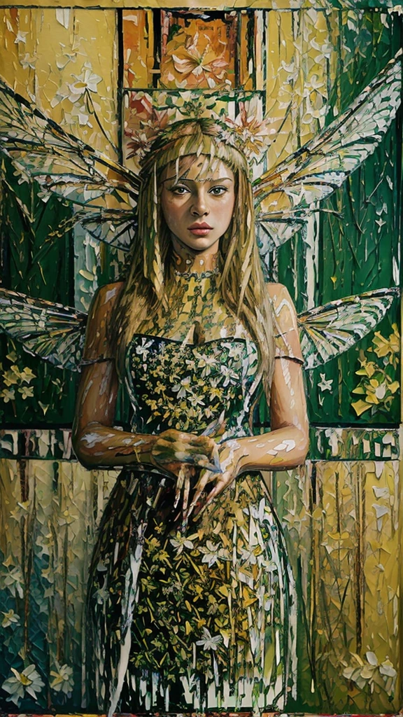 (Masterpiece, acrylic painting: 1.7). Bright summer day. Sunlit meadow. Many flowers. Golden glow. Fairy girl with dragonfly wings. Blonde hair. Wreath of flowers. Magic wand. Magical setting. UHD. HDR.