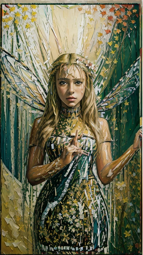 (Masterpiece, acrylic painting: 1.7). Bright summer day. Sunlit meadow. Many flowers. Golden glow. Fairy girl with dragonfly wings. Blonde hair. Wreath of flowers. Magic wand. Magical setting. UHD. HDR.