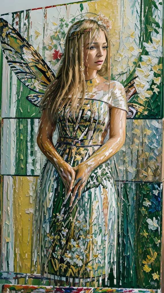 (Masterpiece, acrylic painting: 1.7). Bright summer day. Sunlit meadow. Many flowers. Golden glow. Fairy girl with dragonfly wings. Blonde hair. Wreath of flowers. Magic wand. Magical setting. UHD. HDR.