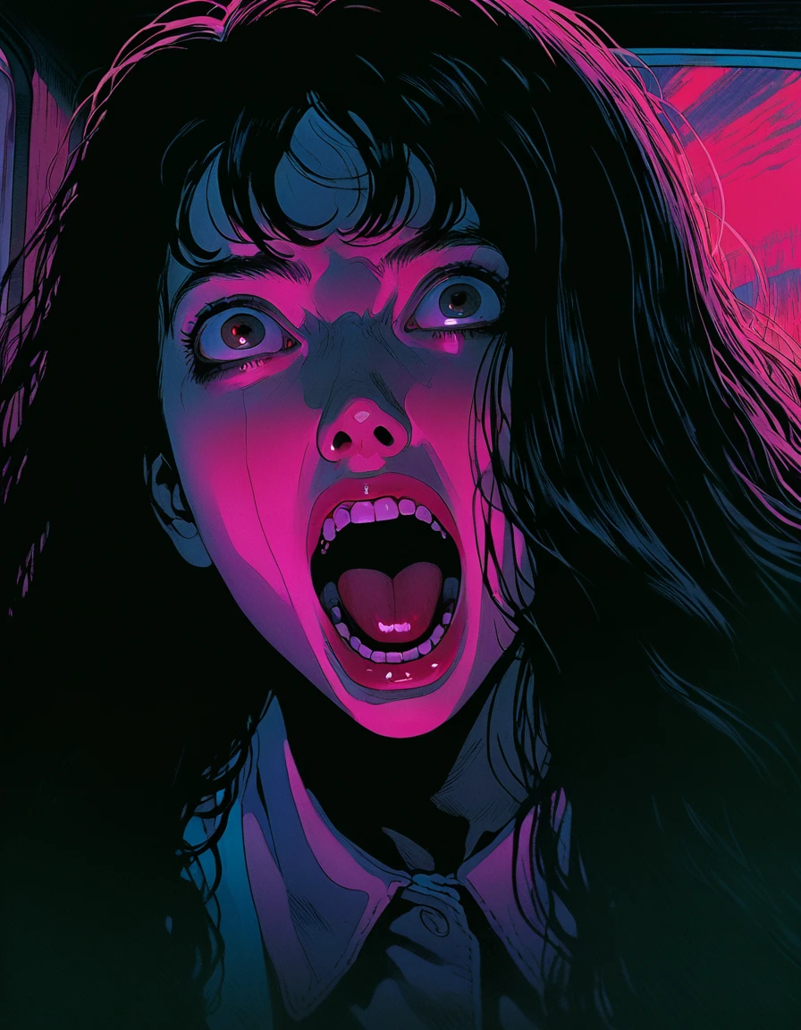 illust、art、from 80s horror movie, directed by Junji Ito、darkness、Screaming Woman、Overaction、Overreaction、Acting frightened、high detail, realsitic shadow、Analog style, vhs style, 8mm film, chromatic aberration, Dvd screengrab