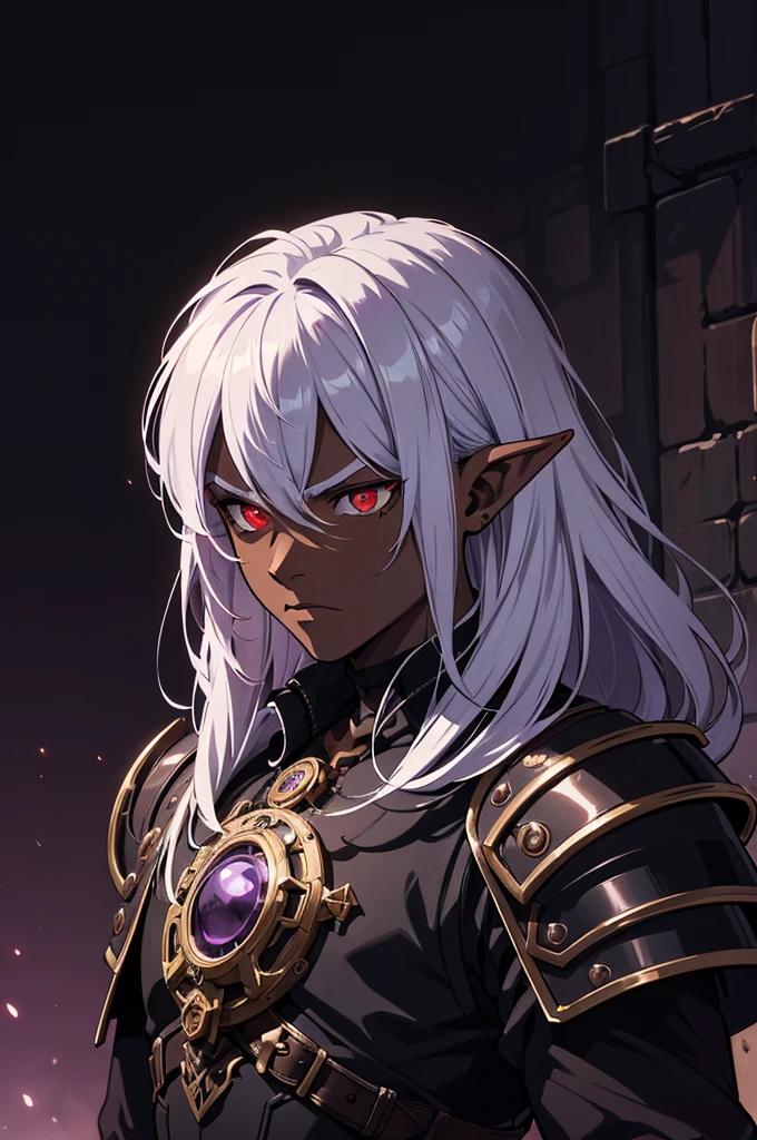 masterpiece, best quality, ultra high res, dark theme, 1boy, (mix between dungeonpunk and steampunk armor), (wearing armor)fantasy illustration, dark skinned, human, upper body, portrait, red eyes, long white hair, half-drow, pointy ears, serious face, young man, dramatic lighting, purple hue, art by Kinema Citrus