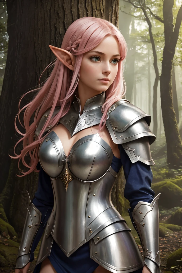 Best picture quality),(high resolution), realistic), (portrait:1.2), masterpiece,1girl,elven,elven armor, (armor:1),(breastplate:1),(large breasts:1.3),pink-haired, ojos rosados, elven knight, adorned in a gleaming suit of armor, with a noble appearance and majestic bearing, confidently poses in an enchanted forest, surrounded by tall and mysterious trees,
