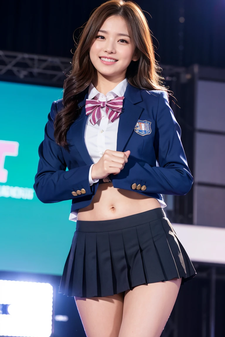 (8K), (highest quality: 1.2), (Realistic), (Realistic: 1.37), Ultra-high resolution, 1 girl, cute, (Embarrassed smile:1.2), (Blushing:1.4)Mouth closed, Beautiful details, Beautiful Nose, Wet Hair, giant dulcefo, pork, Thighs,Navel ,University Student Uniform,A simple blazer,Pleated check skirt,Platform boots,Dancing on the school stage,(Shiny Thighs:1.2),Medium Shot