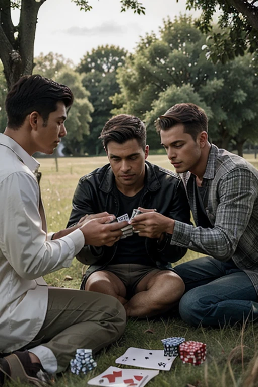 three men playing cards in a field under a tree,overcast