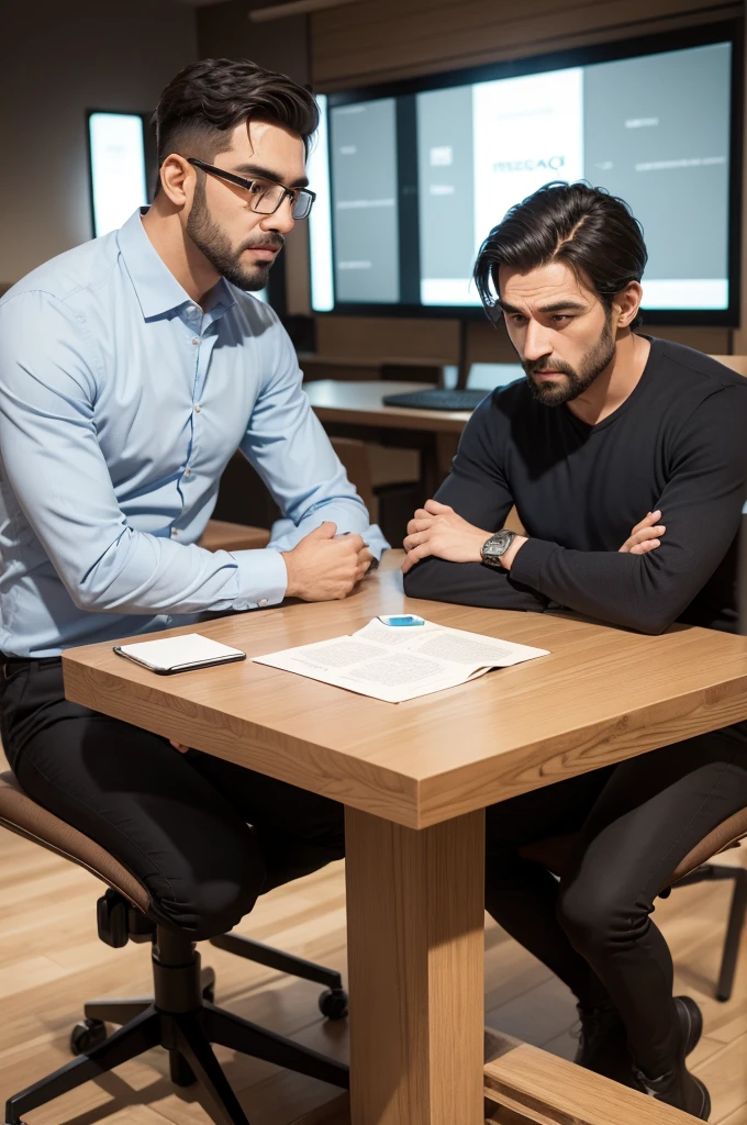 A square table with MesaQ written on the top of the table, with 2 men talking with podcast microphone 