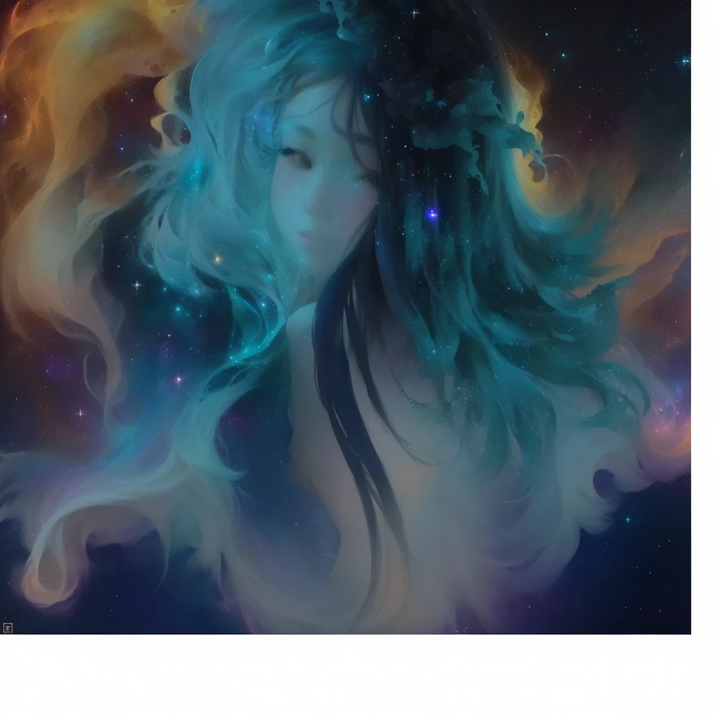 a lateral view of a girl with long hair flying through the air in the dark galaxy sky, floating in the cosmos nebula, floating in the universe, floating in a cosmic nebula, floating in space, floating in deep space, floatiung in front of a nebula, seeming to search for something from above, dim lights shining from above