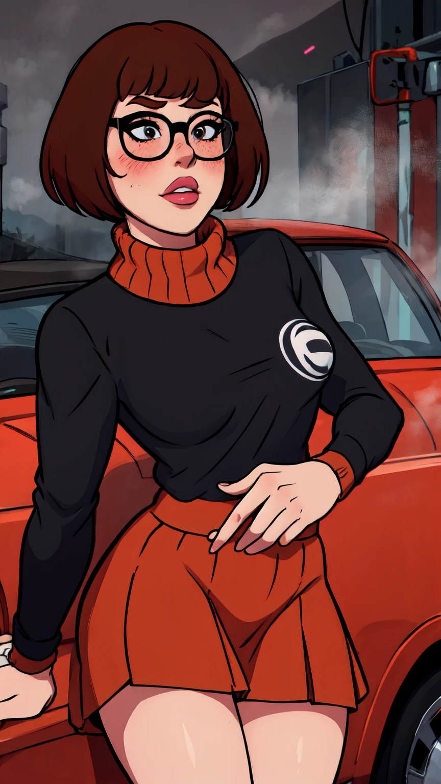 1girl, Velma from scooby-doo, solo, fat (fat body), brown hair, black eyes, square glasses, orange turtleneck blouse and red skirt, eyeliner, looking at viewer, lips, black bob cut, blunt bangs, blush, standing, upper body, face focus, outdoors, horror \(theme\), night, fog egirlmakeup, angry face, sitting on the car, garage background
