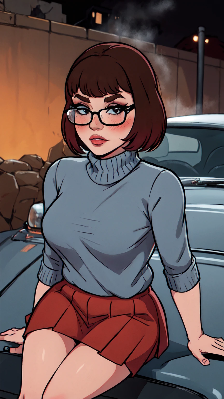 1girl, Velma from scooby-doo, solo, skinny, brown hair, black eyes, square glasses, orange turtleneck blouse and red skirt, eyeliner, looking at viewer, lips, black bob cut, blunt bangs, blush, standing, upper body, face focus, outdoors, horror \(theme\), night, fog egirlmakeup, sitting on the car, garage background